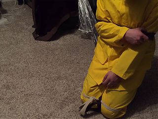 Yellow PVC Rainsuit Self Bondage